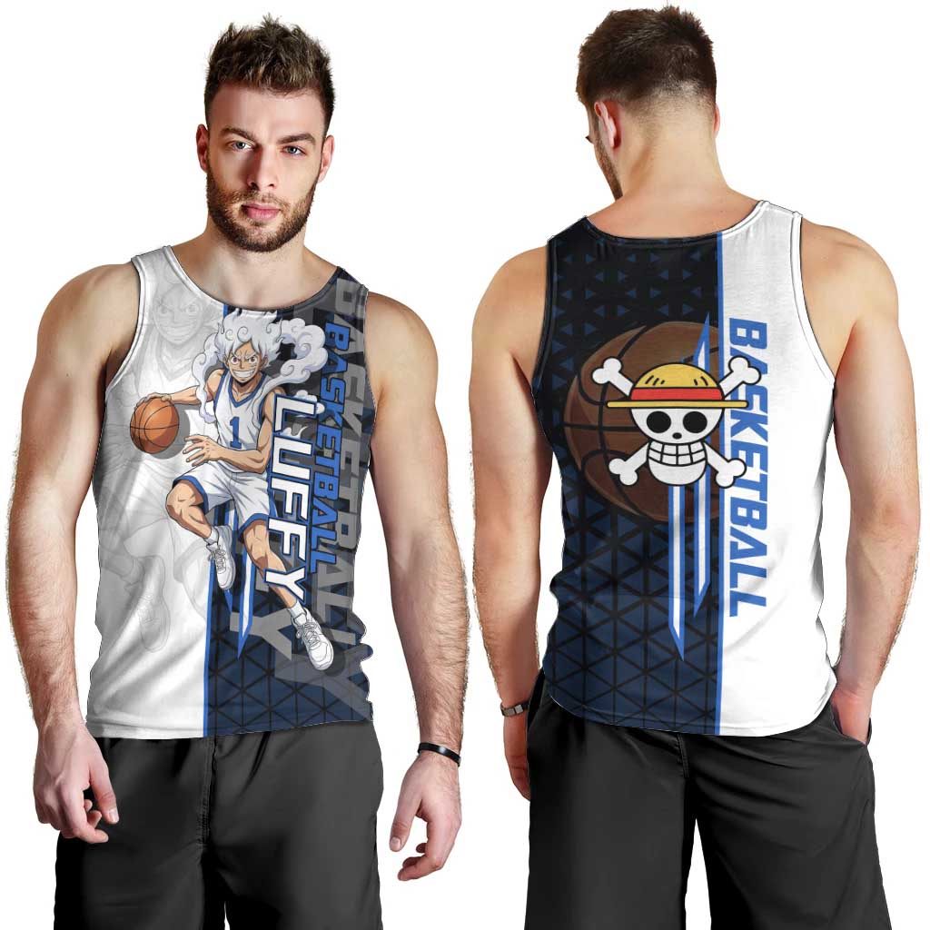 Luffy Gear 5 One Piece Basketball Theme White and Black Design Men Tank Top with Straw Hat Emblem and Dynamic Action Pose - The Mazicc