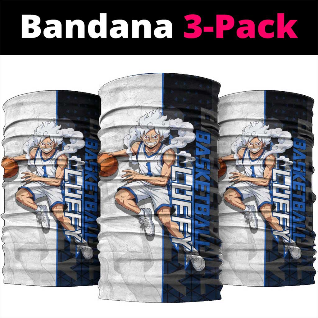 Luffy Gear 5 One Piece Basketball Theme White and Black Design Neck Gaiter with Straw Hat Emblem and Dynamic Action Pose - The Mazicc