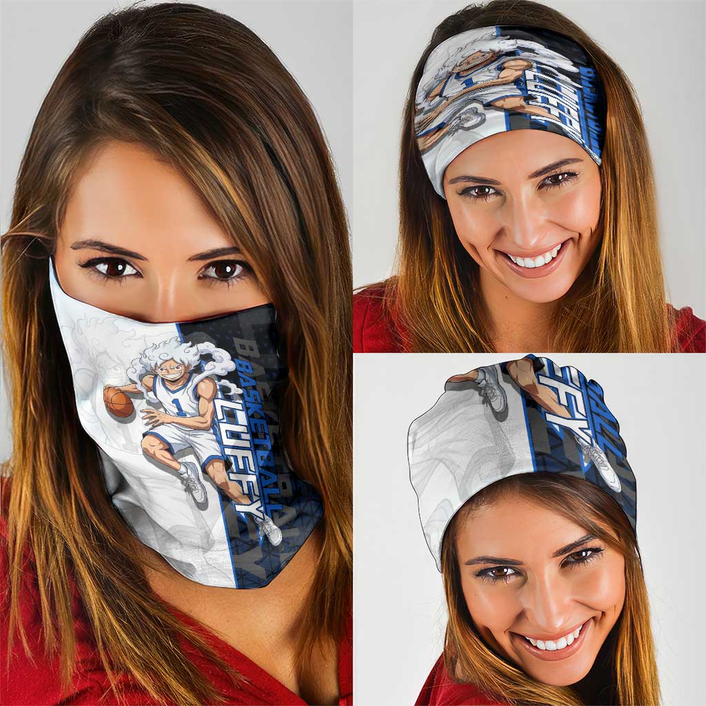 Luffy Gear 5 One Piece Basketball Theme White and Black Design Neck Gaiter with Straw Hat Emblem and Dynamic Action Pose - The Mazicc