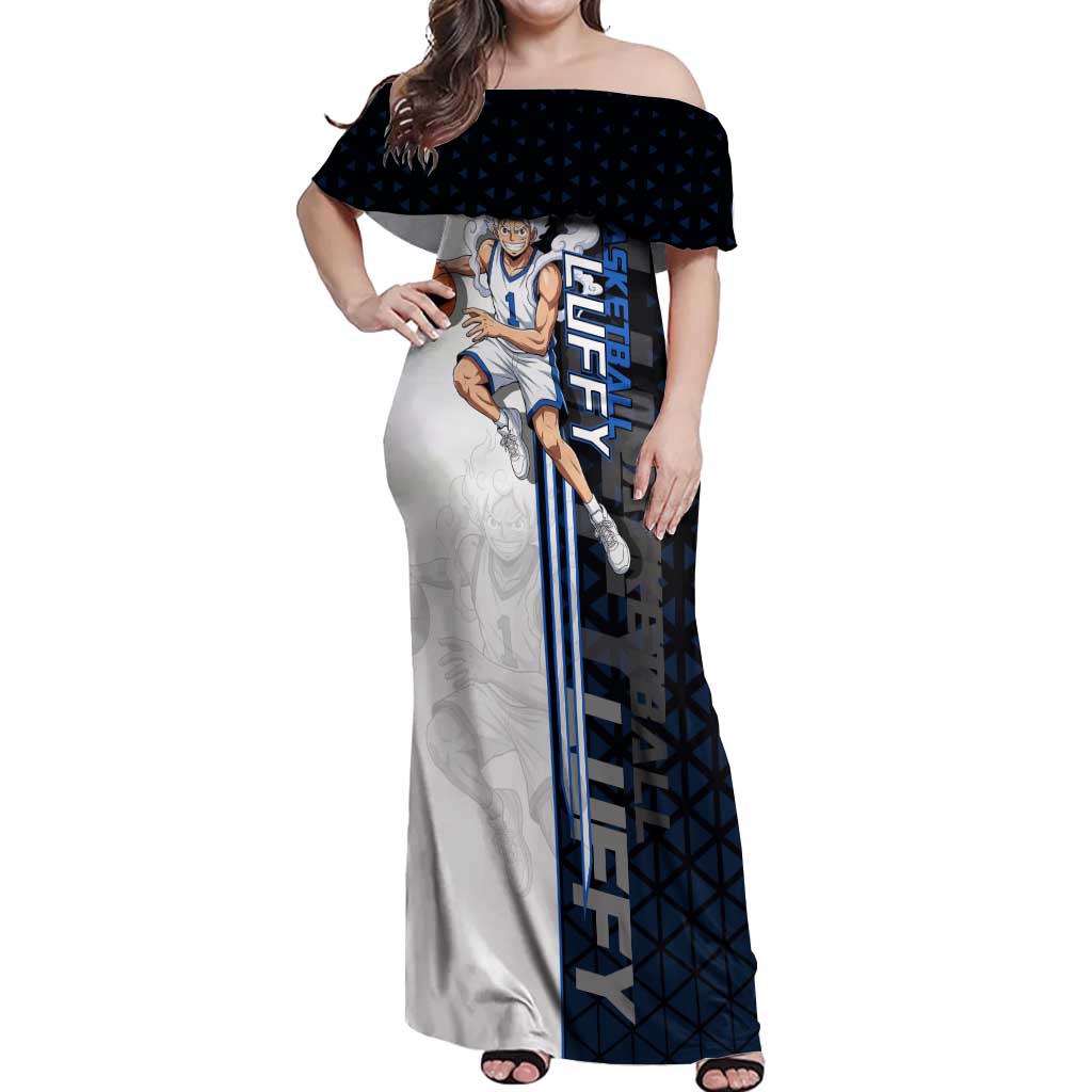 Luffy Gear 5 One Piece Basketball Theme White and Black Design Off Shoulder Maxi Dress with Straw Hat Emblem and Dynamic Action Pose - The Mazicc