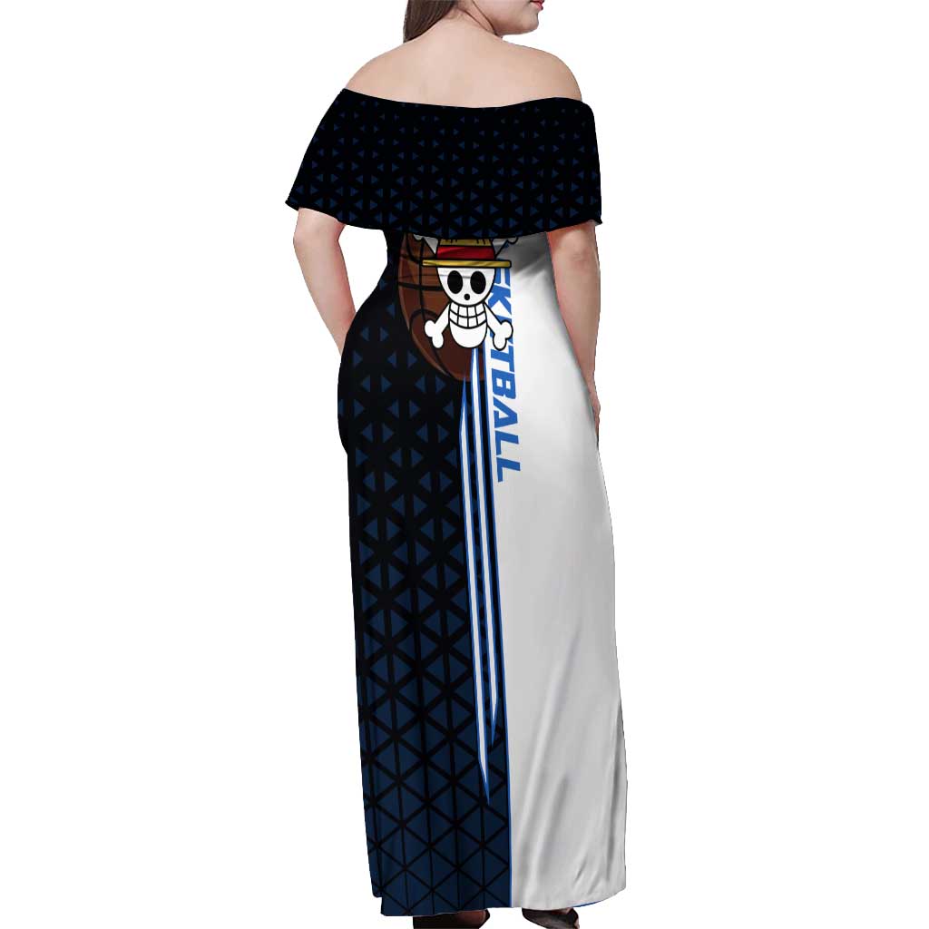 Luffy Gear 5 One Piece Basketball Theme White and Black Design Off Shoulder Maxi Dress with Straw Hat Emblem and Dynamic Action Pose - The Mazicc