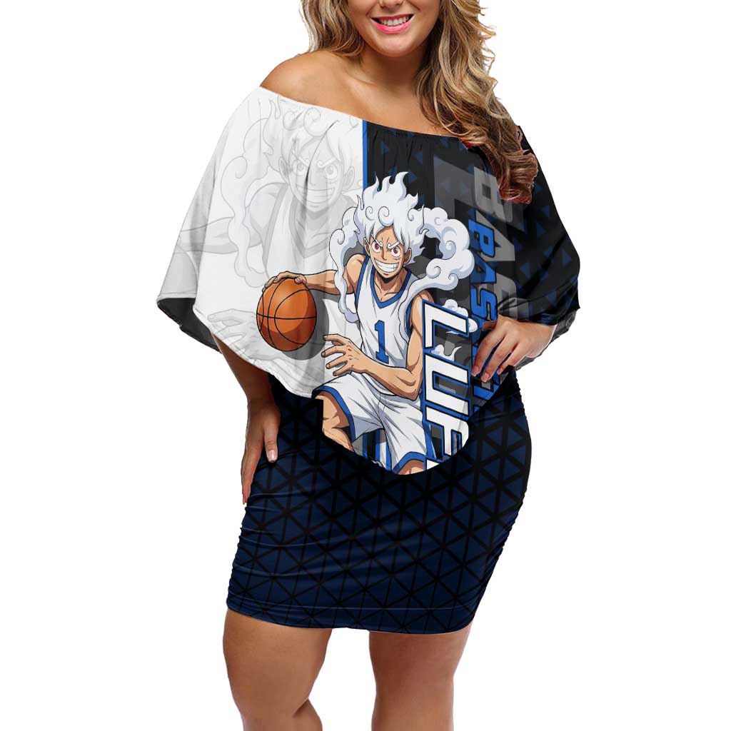 Luffy Gear 5 One Piece Basketball Theme White and Black Design Off Shoulder Short Dress with Straw Hat Emblem and Dynamic Action Pose - The Mazicc