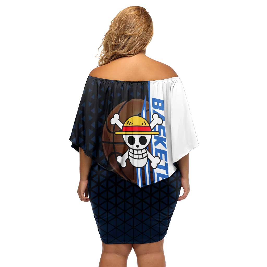 Luffy Gear 5 One Piece Basketball Theme White and Black Design Off Shoulder Short Dress with Straw Hat Emblem and Dynamic Action Pose - The Mazicc