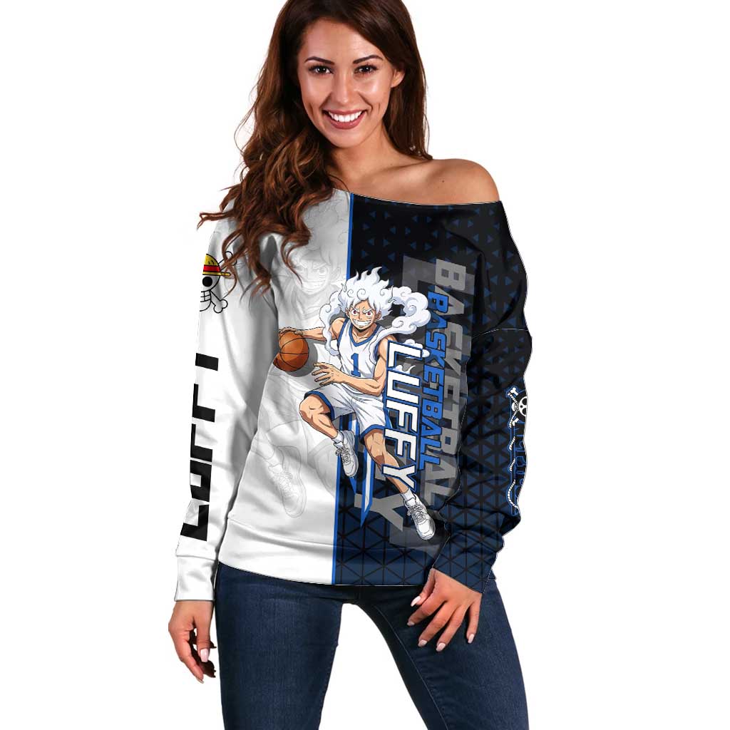 Luffy Gear 5 One Piece Basketball Theme White and Black Design Off Shoulder Sweater with Straw Hat Emblem and Dynamic Action Pose - The Mazicc