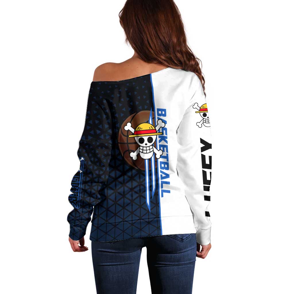 Luffy Gear 5 One Piece Basketball Theme White and Black Design Off Shoulder Sweater with Straw Hat Emblem and Dynamic Action Pose - The Mazicc