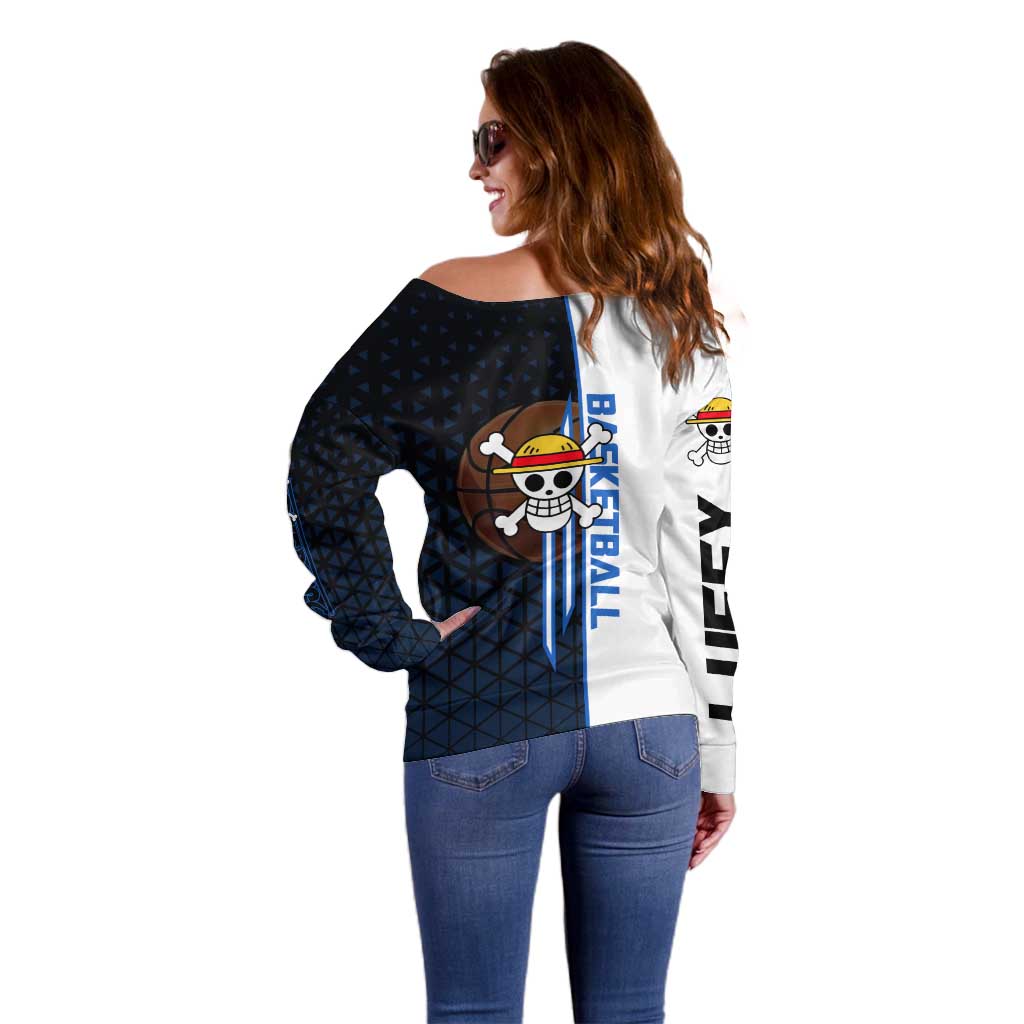 Luffy Gear 5 One Piece Basketball Theme White and Black Design Off Shoulder Sweater with Straw Hat Emblem and Dynamic Action Pose - The Mazicc