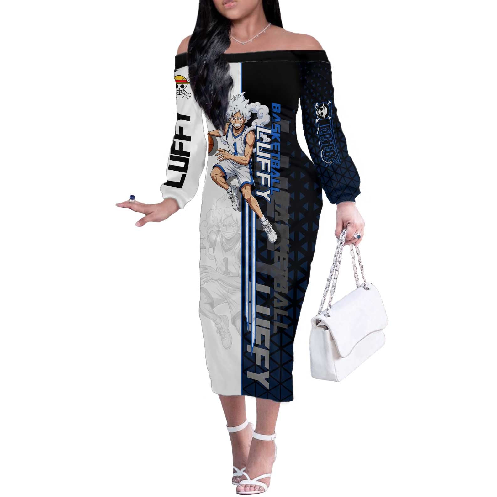 Luffy Gear 5 One Piece Basketball Theme White and Black Design Off The Shoulder Long Sleeve Dress with Straw Hat Emblem and Dynamic Action Pose - The Mazicc