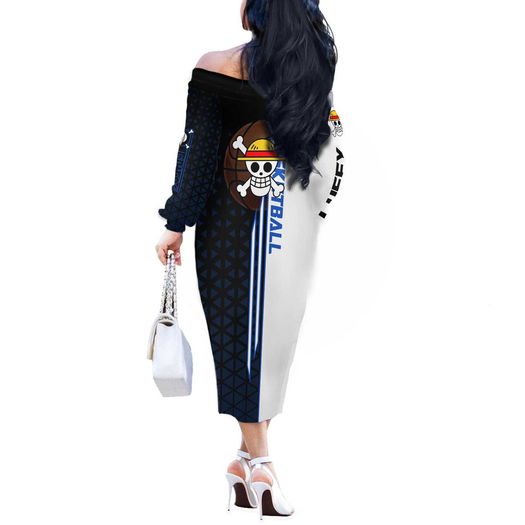 Luffy Gear 5 One Piece Basketball Theme White and Black Design Off The Shoulder Long Sleeve Dress with Straw Hat Emblem and Dynamic Action Pose - The Mazicc