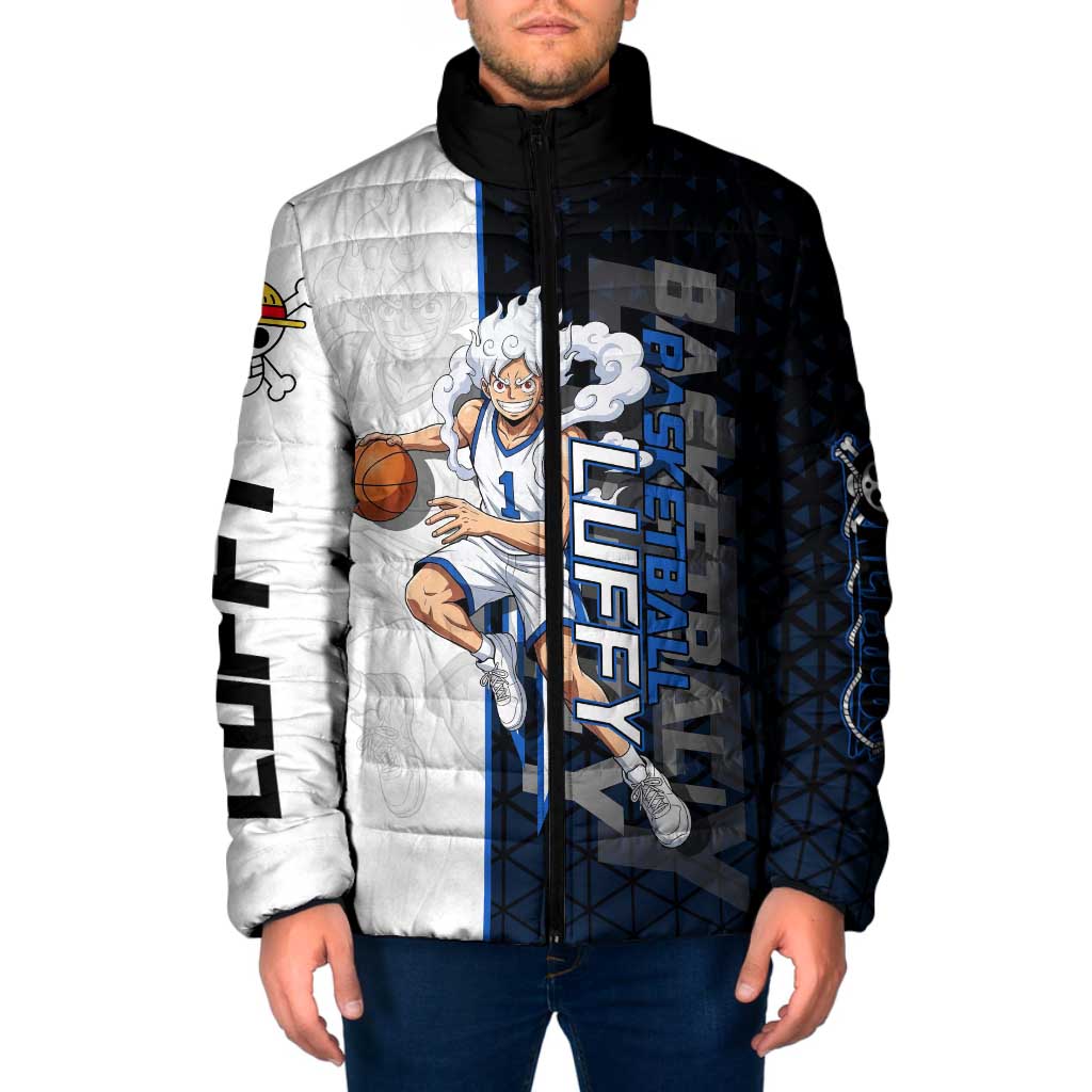 Luffy Gear 5 One Piece Basketball Theme White and Black Design Padded Jacket with Straw Hat Emblem and Dynamic Action Pose - The Mazicc