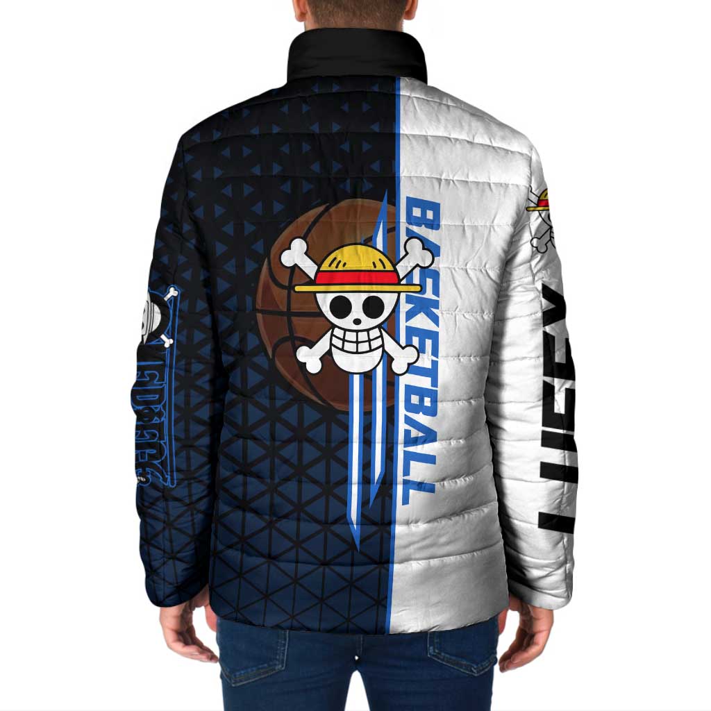 Luffy Gear 5 One Piece Basketball Theme White and Black Design Padded Jacket with Straw Hat Emblem and Dynamic Action Pose - The Mazicc