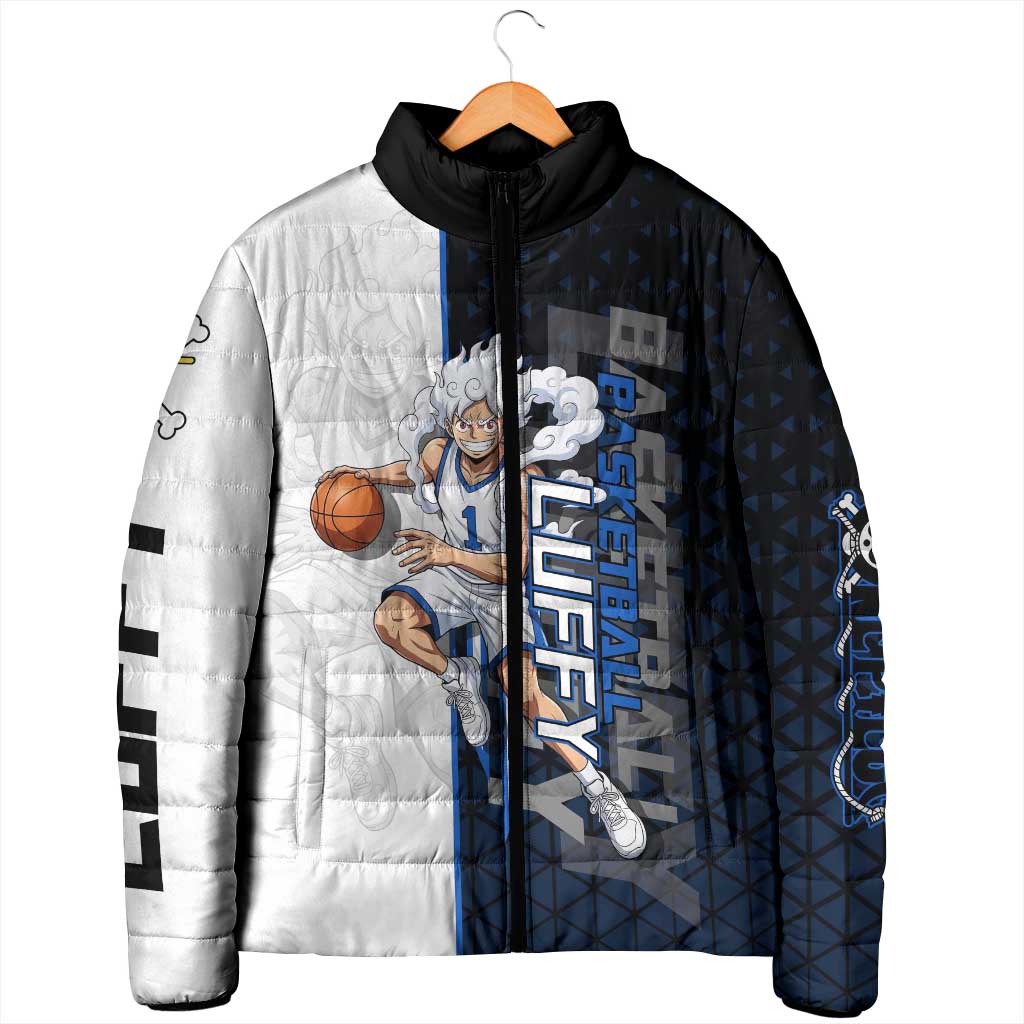 Luffy Gear 5 One Piece Basketball Theme White and Black Design Padded Jacket with Straw Hat Emblem and Dynamic Action Pose - The Mazicc