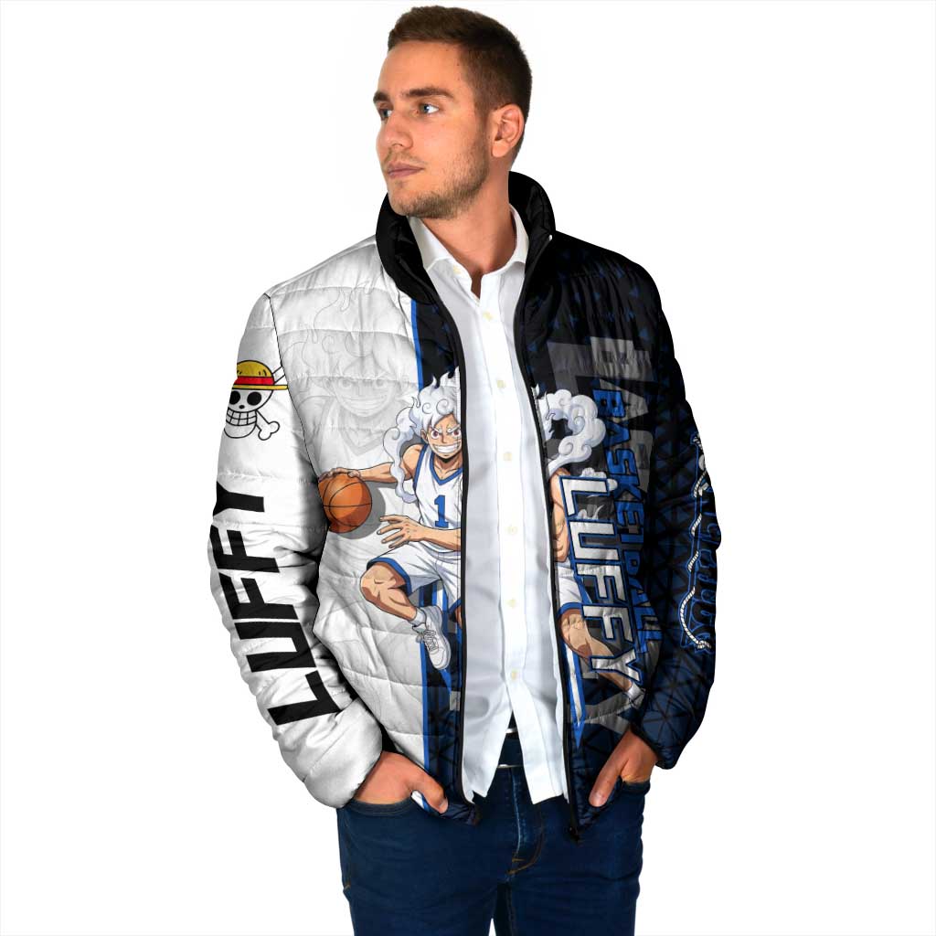 Luffy Gear 5 One Piece Basketball Theme White and Black Design Padded Jacket with Straw Hat Emblem and Dynamic Action Pose - The Mazicc