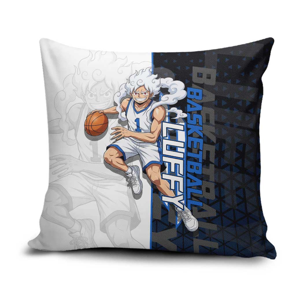 Luffy Gear 5 One Piece Basketball Theme White and Black Design Pillow Cover with Straw Hat Emblem and Dynamic Action Pose - The Mazicc