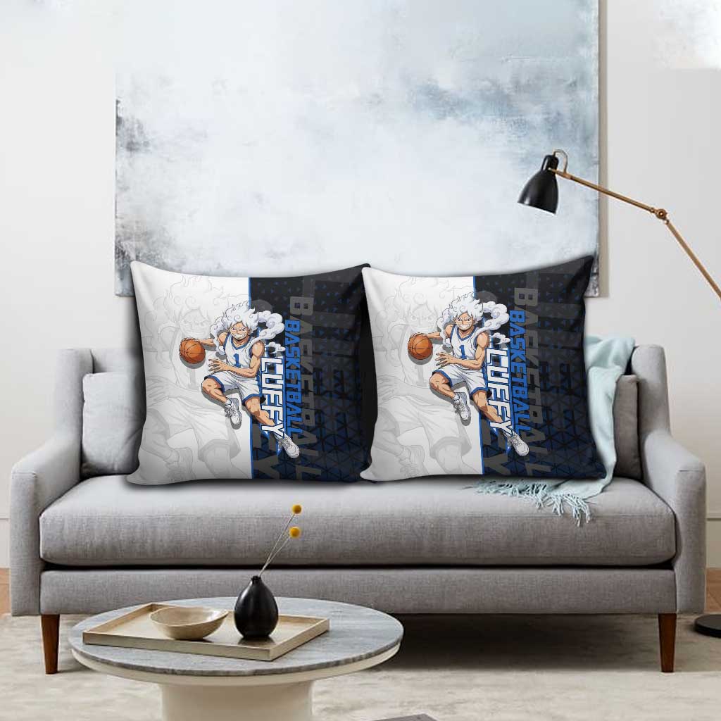 Luffy Gear 5 One Piece Basketball Theme White and Black Design Pillow Cover with Straw Hat Emblem and Dynamic Action Pose - The Mazicc