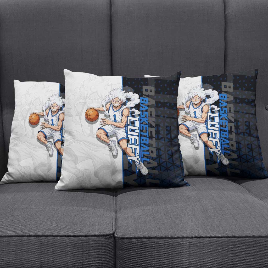 Luffy Gear 5 One Piece Basketball Theme White and Black Design Pillow Cover with Straw Hat Emblem and Dynamic Action Pose - The Mazicc