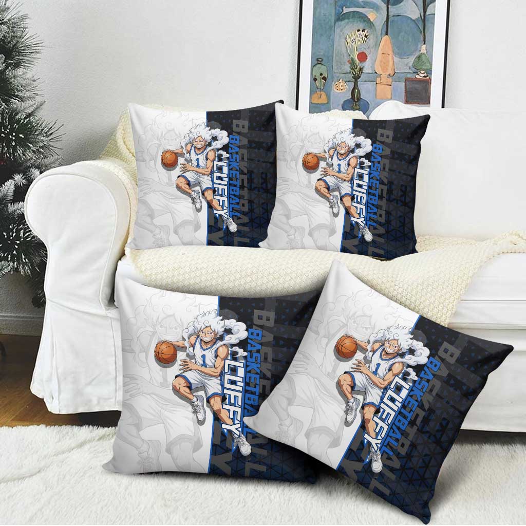Luffy Gear 5 One Piece Basketball Theme White and Black Design Pillow Cover with Straw Hat Emblem and Dynamic Action Pose - The Mazicc