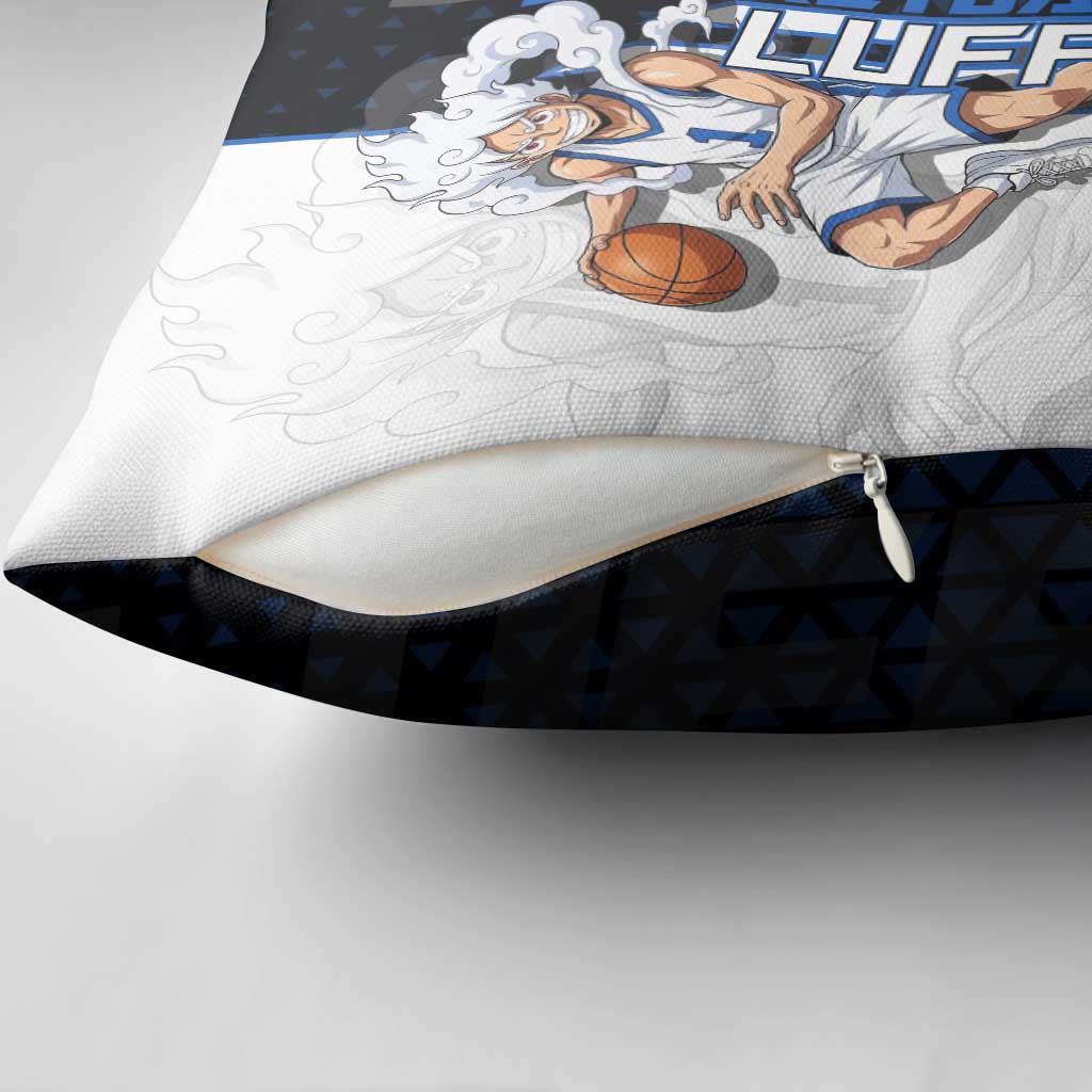 Luffy Gear 5 One Piece Basketball Theme White and Black Design Pillow Cover with Straw Hat Emblem and Dynamic Action Pose - The Mazicc