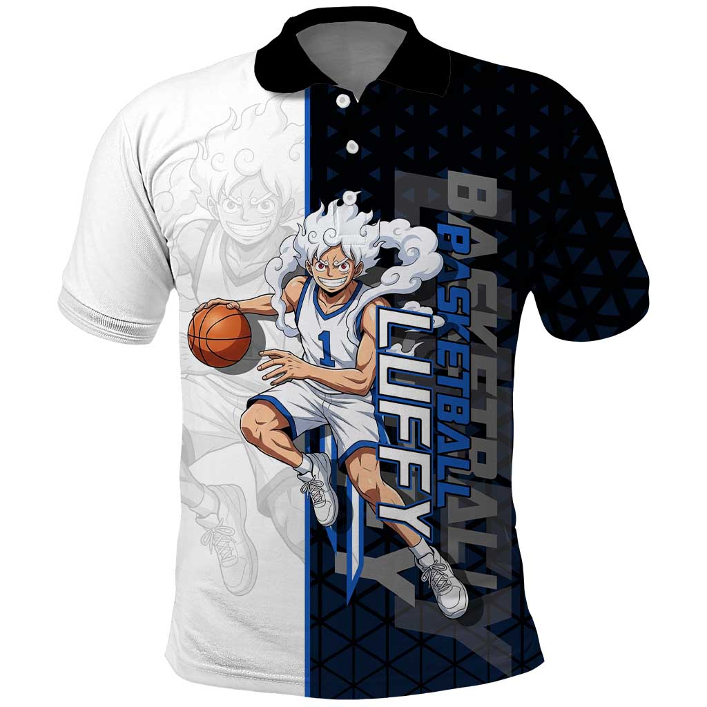 Luffy Gear 5 One Piece Basketball Theme White and Black Design Polo Shirt with Straw Hat Emblem and Dynamic Action Pose - The Mazicc