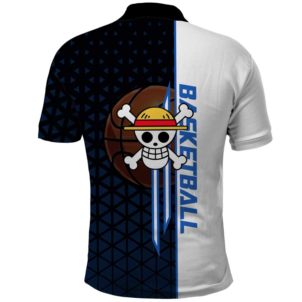 Luffy Gear 5 One Piece Basketball Theme White and Black Design Polo Shirt with Straw Hat Emblem and Dynamic Action Pose - The Mazicc