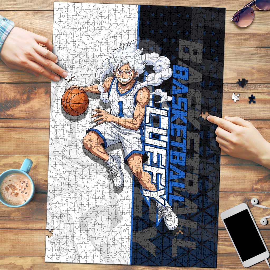 Luffy Gear 5 One Piece Basketball Theme White and Black Design Puzzle with Straw Hat Emblem and Dynamic Action Pose - The Mazicc