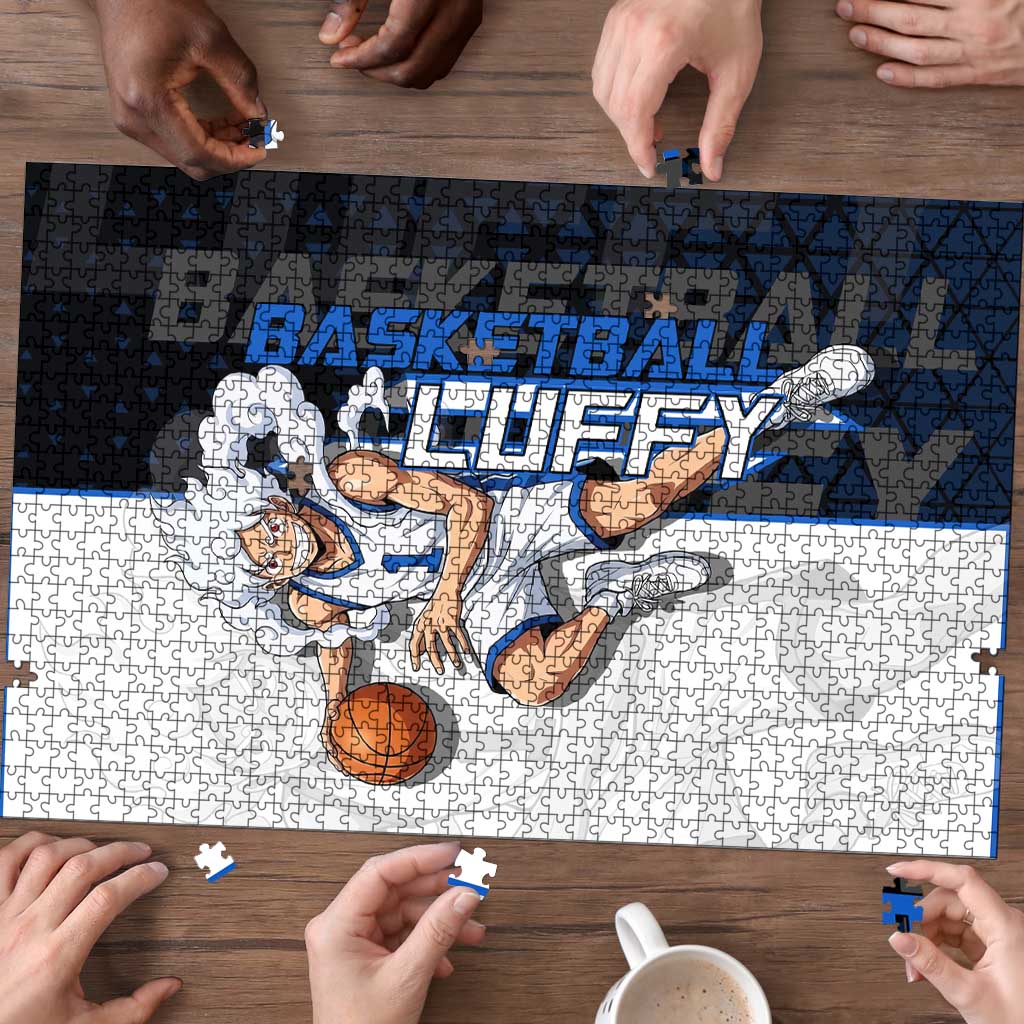 Luffy Gear 5 One Piece Basketball Theme White and Black Design Puzzle with Straw Hat Emblem and Dynamic Action Pose - The Mazicc