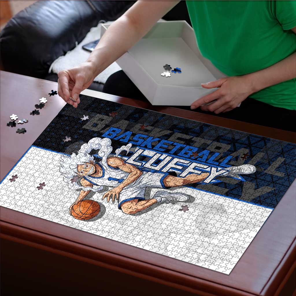 Luffy Gear 5 One Piece Basketball Theme White and Black Design Puzzle with Straw Hat Emblem and Dynamic Action Pose - The Mazicc