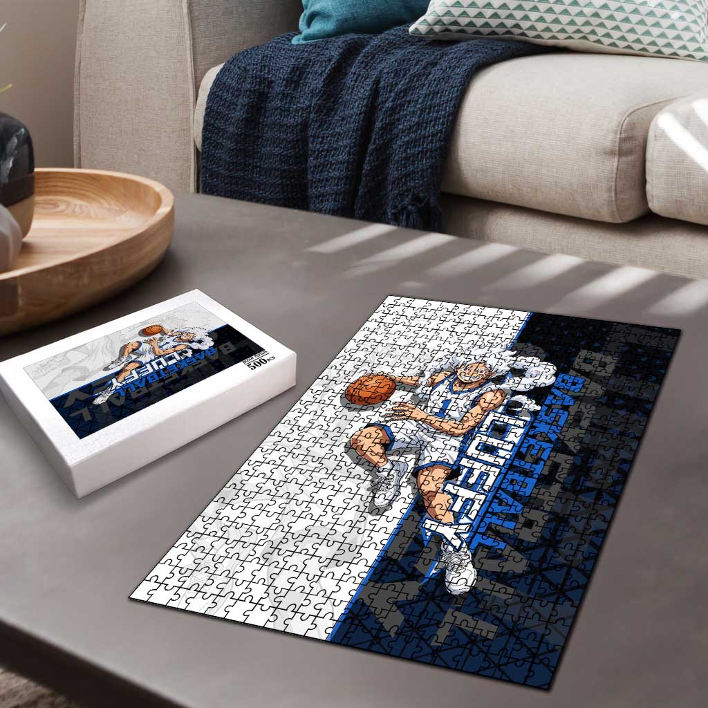 Luffy Gear 5 One Piece Basketball Theme White and Black Design Puzzle with Straw Hat Emblem and Dynamic Action Pose - The Mazicc