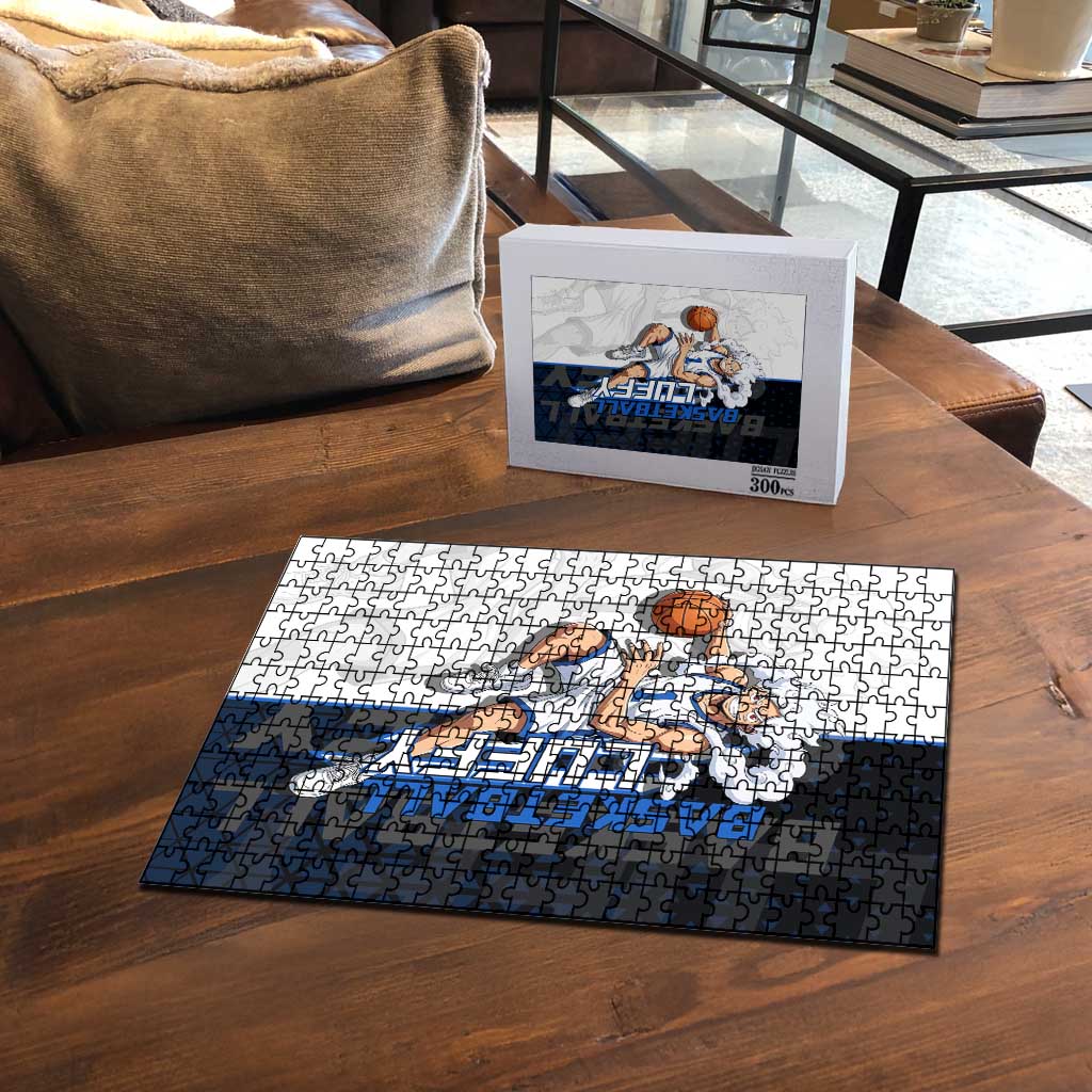 Luffy Gear 5 One Piece Basketball Theme White and Black Design Puzzle with Straw Hat Emblem and Dynamic Action Pose - The Mazicc