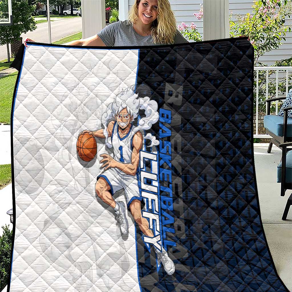 Luffy Gear 5 One Piece Basketball Theme White and Black Design Quilt with Straw Hat Emblem and Dynamic Action Pose - The Mazicc
