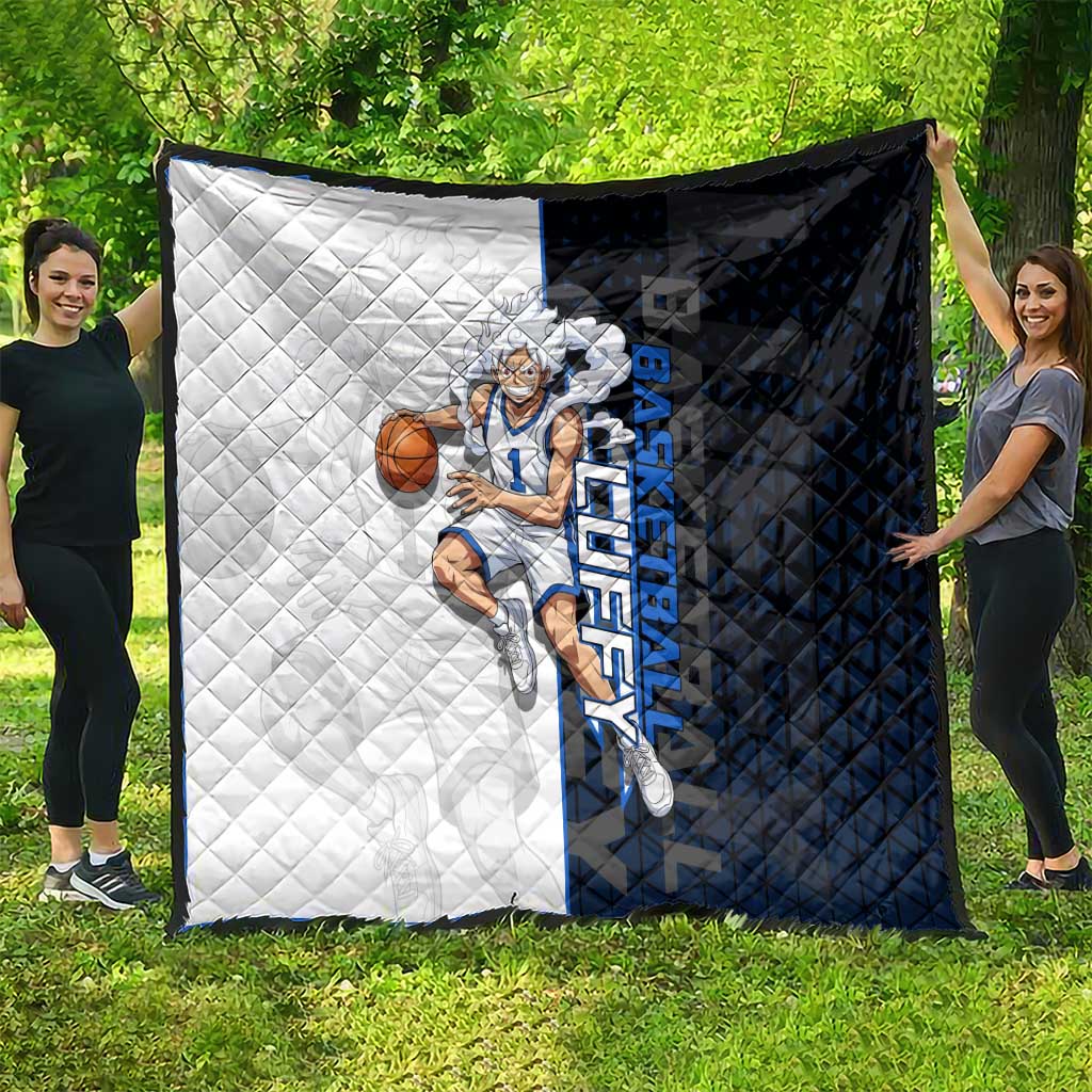 Luffy Gear 5 One Piece Basketball Theme White and Black Design Quilt with Straw Hat Emblem and Dynamic Action Pose - The Mazicc