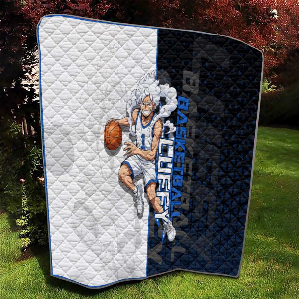 Luffy Gear 5 One Piece Basketball Theme White and Black Design Quilt with Straw Hat Emblem and Dynamic Action Pose - The Mazicc