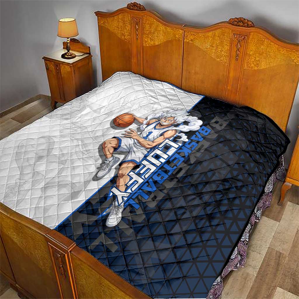 Luffy Gear 5 One Piece Basketball Theme White and Black Design Quilt with Straw Hat Emblem and Dynamic Action Pose - The Mazicc