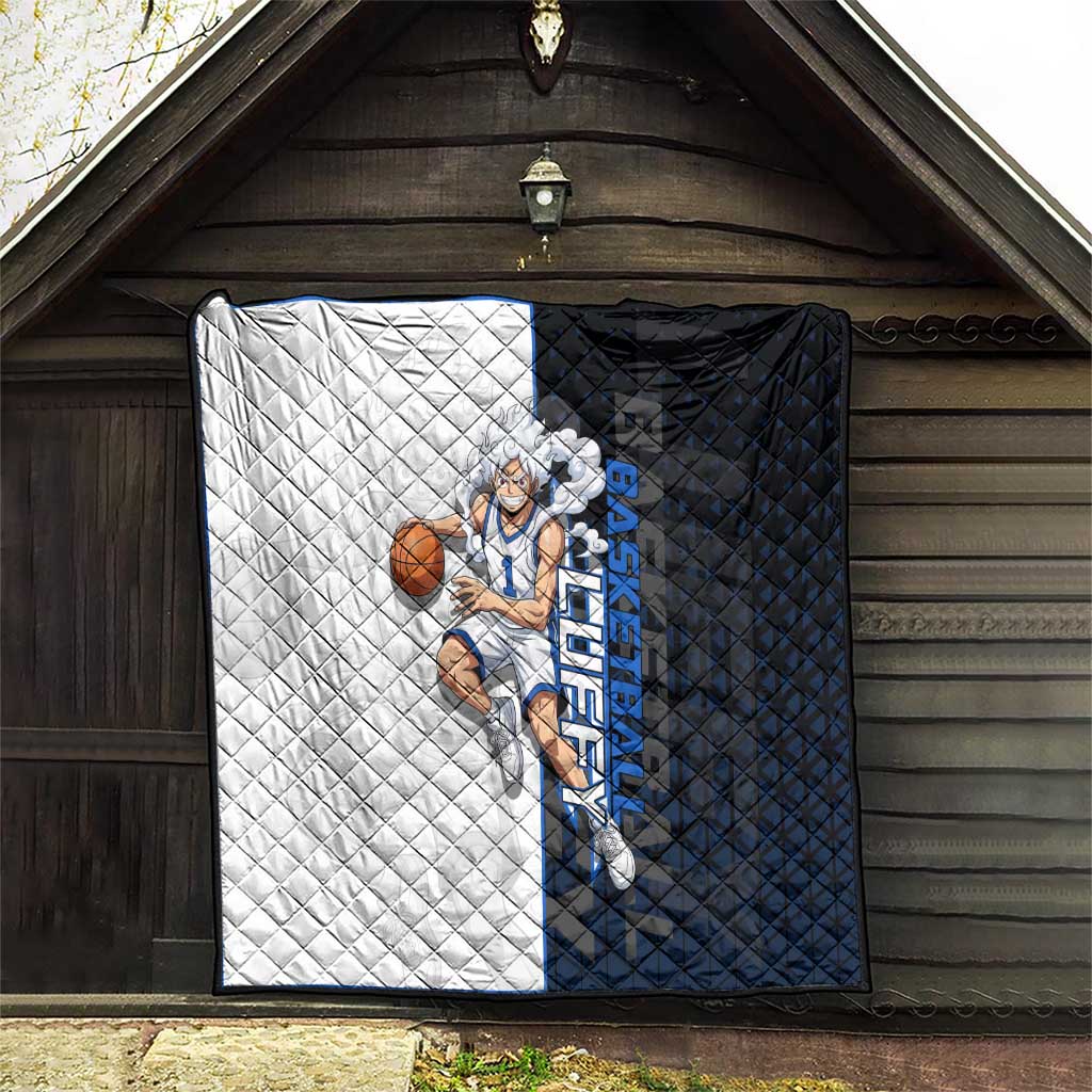 Luffy Gear 5 One Piece Basketball Theme White and Black Design Quilt with Straw Hat Emblem and Dynamic Action Pose - The Mazicc