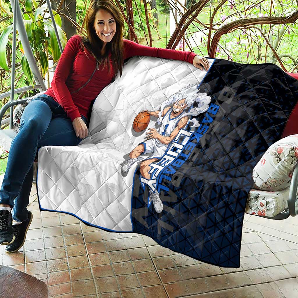 Luffy Gear 5 One Piece Basketball Theme White and Black Design Quilt with Straw Hat Emblem and Dynamic Action Pose - The Mazicc