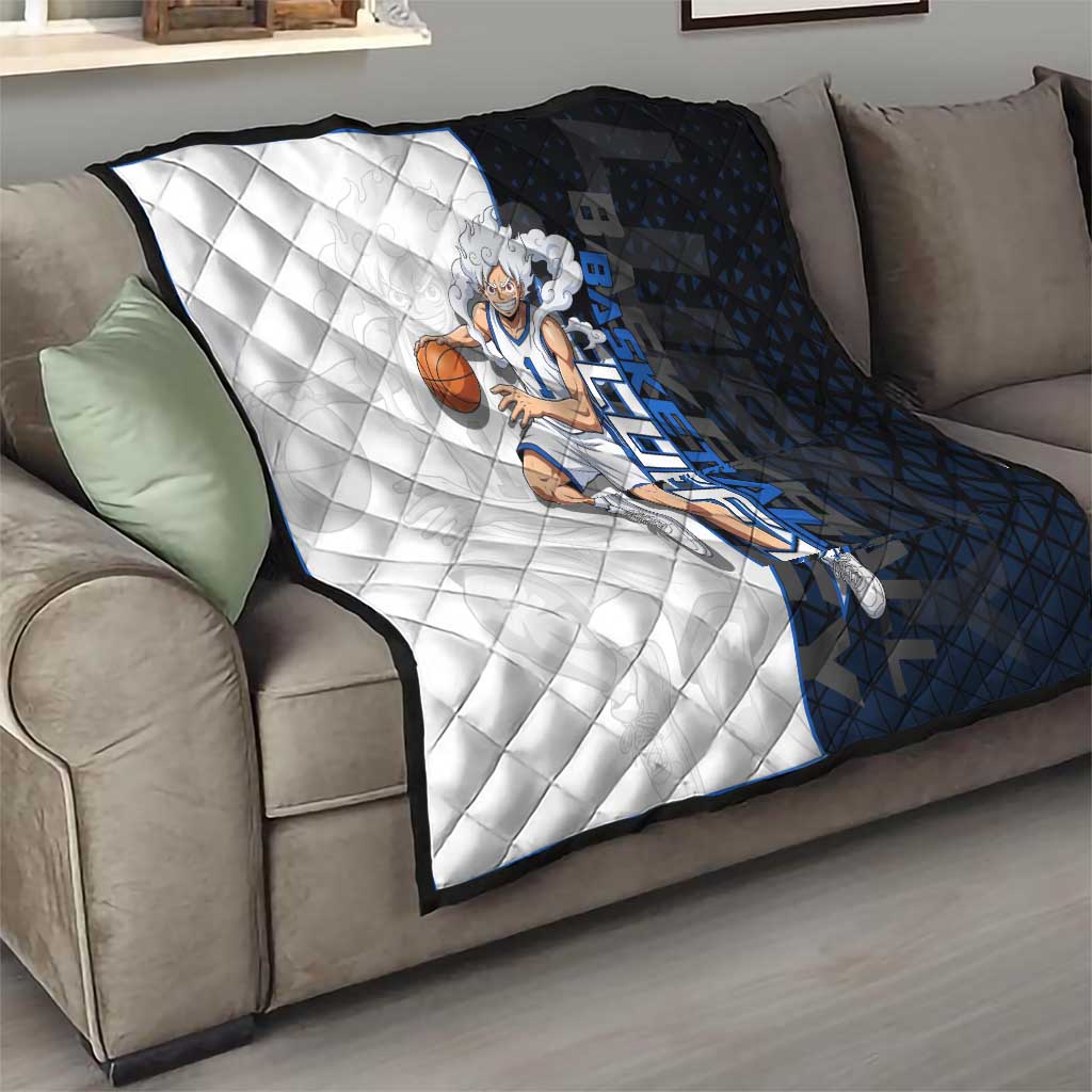 Luffy Gear 5 One Piece Basketball Theme White and Black Design Quilt with Straw Hat Emblem and Dynamic Action Pose - The Mazicc