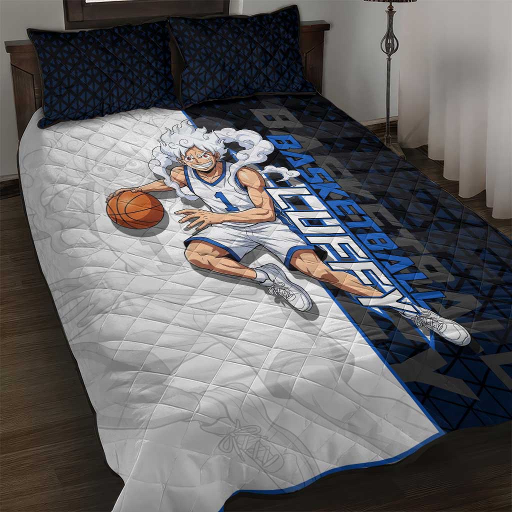 Luffy Gear 5 One Piece Basketball Theme White and Black Design Quilt Bed Set with Straw Hat Emblem and Dynamic Action Pose - The Mazicc