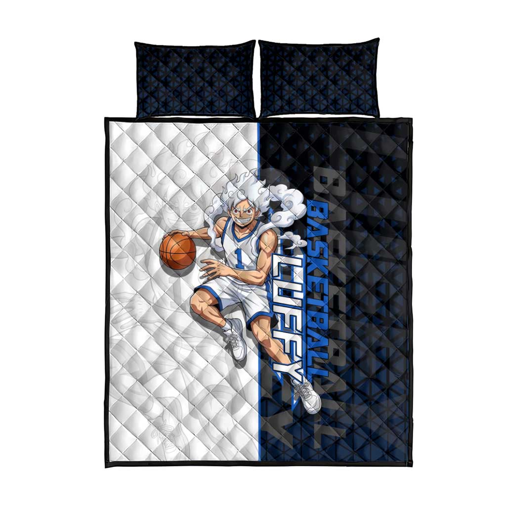 Luffy Gear 5 One Piece Basketball Theme White and Black Design Quilt Bed Set with Straw Hat Emblem and Dynamic Action Pose - The Mazicc