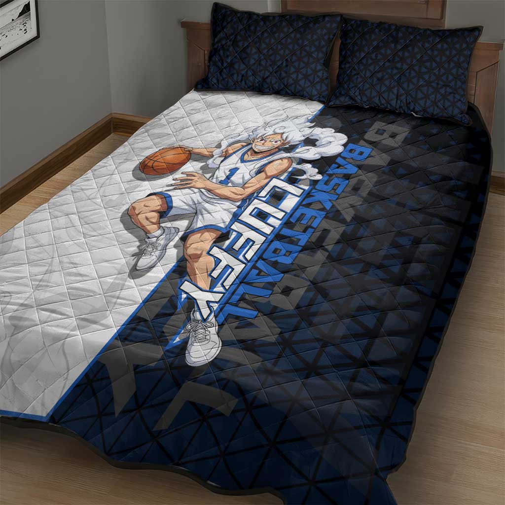 Luffy Gear 5 One Piece Basketball Theme White and Black Design Quilt Bed Set with Straw Hat Emblem and Dynamic Action Pose - The Mazicc