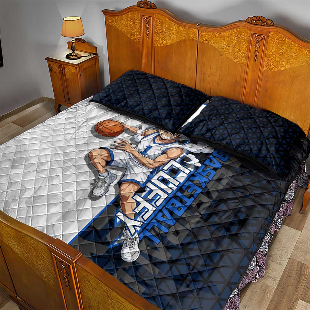 Luffy Gear 5 One Piece Basketball Theme White and Black Design Quilt Bed Set with Straw Hat Emblem and Dynamic Action Pose - The Mazicc