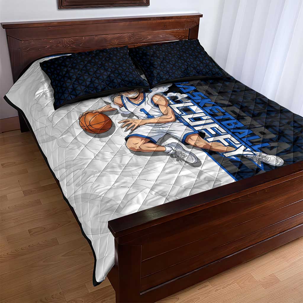 Luffy Gear 5 One Piece Basketball Theme White and Black Design Quilt Bed Set with Straw Hat Emblem and Dynamic Action Pose - The Mazicc