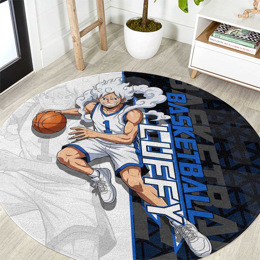 Luffy Gear 5 One Piece Basketball Theme White and Black Design Round Carpet with Straw Hat Emblem and Dynamic Action Pose - The Mazicc