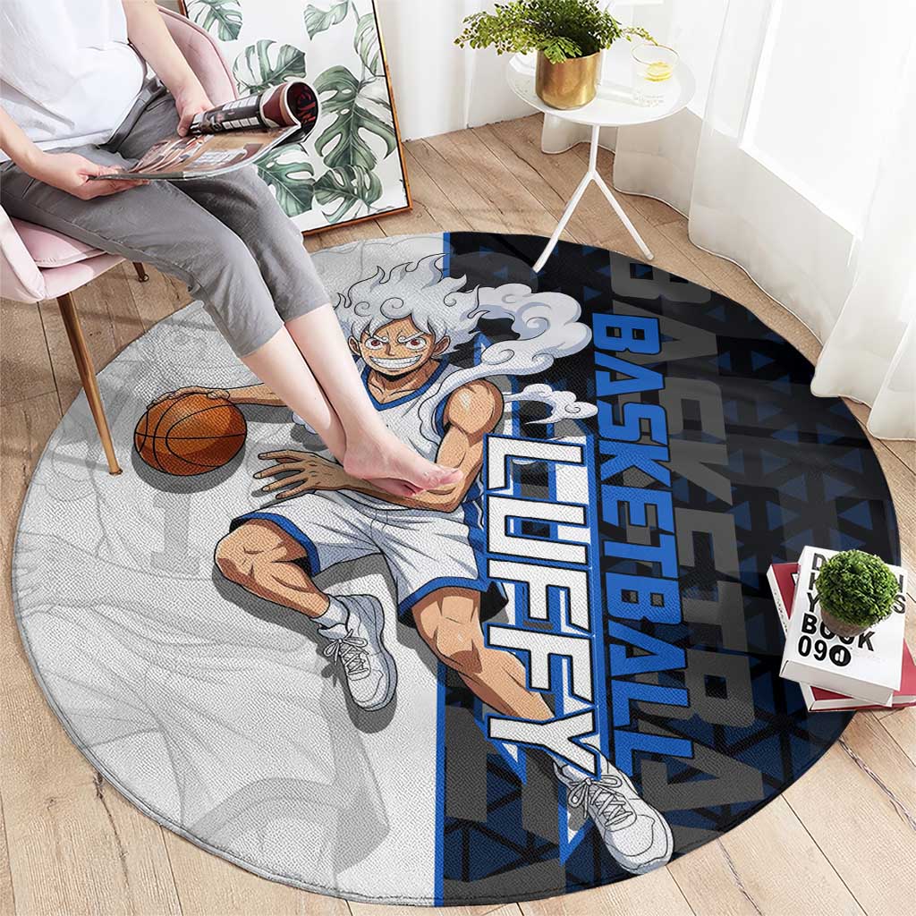 Luffy Gear 5 One Piece Basketball Theme White and Black Design Round Carpet with Straw Hat Emblem and Dynamic Action Pose - The Mazicc