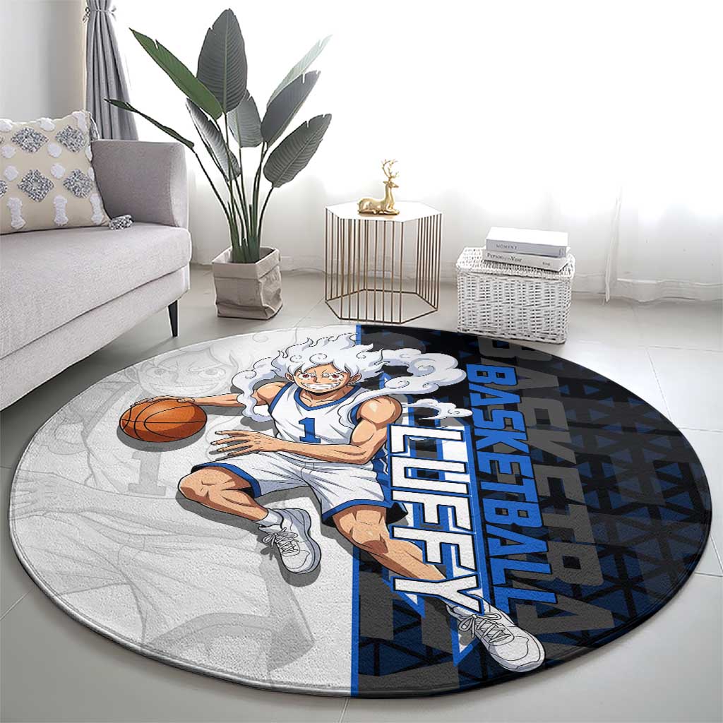 Luffy Gear 5 One Piece Basketball Theme White and Black Design Round Carpet with Straw Hat Emblem and Dynamic Action Pose - The Mazicc