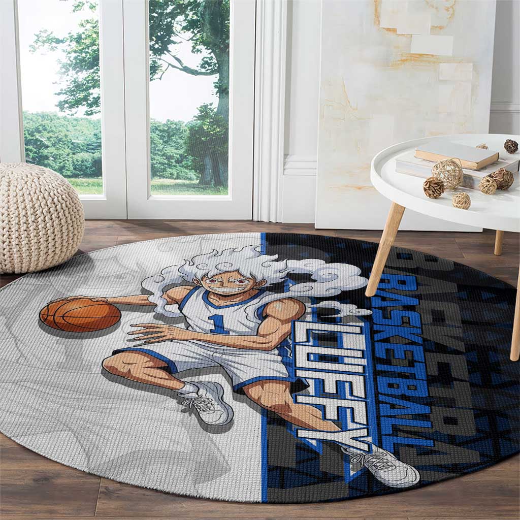 Luffy Gear 5 One Piece Basketball Theme White and Black Design Round Carpet with Straw Hat Emblem and Dynamic Action Pose - The Mazicc