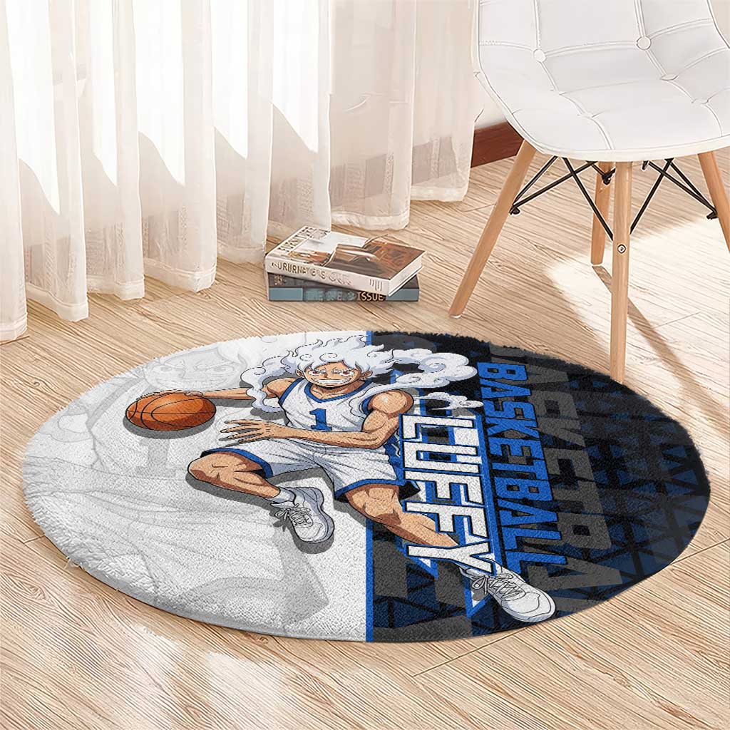 Luffy Gear 5 One Piece Basketball Theme White and Black Design Round Carpet with Straw Hat Emblem and Dynamic Action Pose - The Mazicc