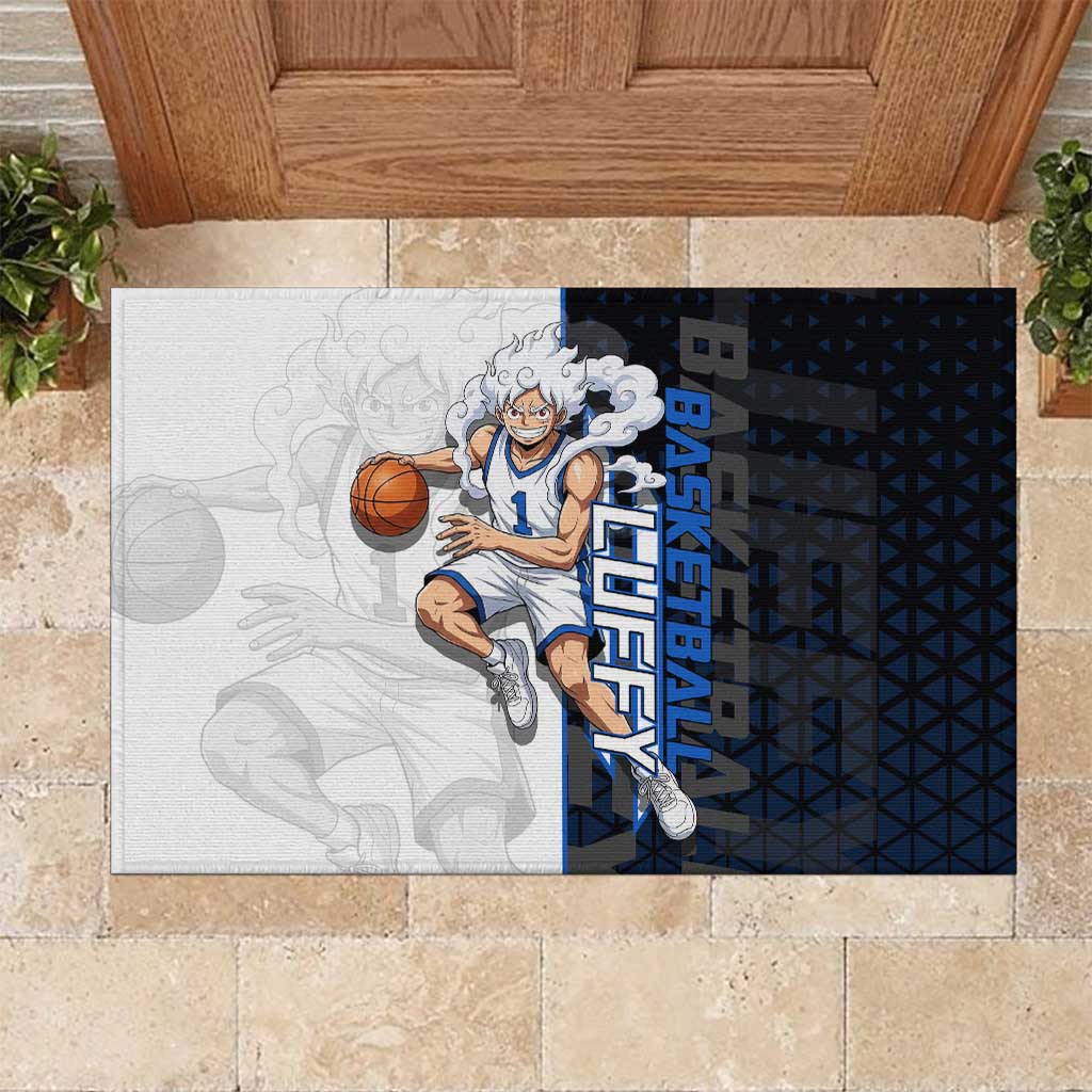 Luffy Gear 5 One Piece Basketball Theme White and Black Design Rubber Doormat with Straw Hat Emblem and Dynamic Action Pose - The Mazicc