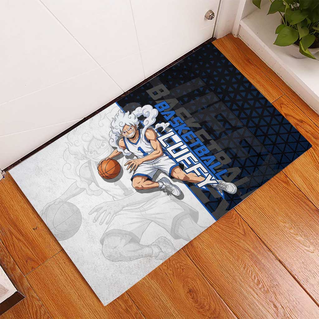 Luffy Gear 5 One Piece Basketball Theme White and Black Design Rubber Doormat with Straw Hat Emblem and Dynamic Action Pose - The Mazicc