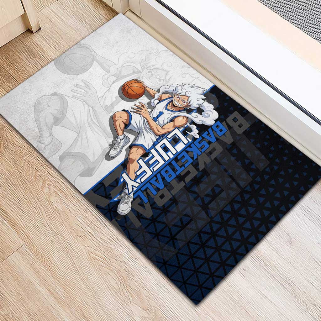 Luffy Gear 5 One Piece Basketball Theme White and Black Design Rubber Doormat with Straw Hat Emblem and Dynamic Action Pose - The Mazicc