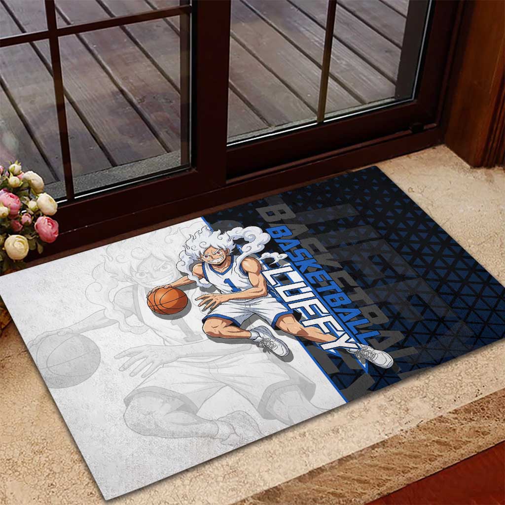Luffy Gear 5 One Piece Basketball Theme White and Black Design Rubber Doormat with Straw Hat Emblem and Dynamic Action Pose - The Mazicc