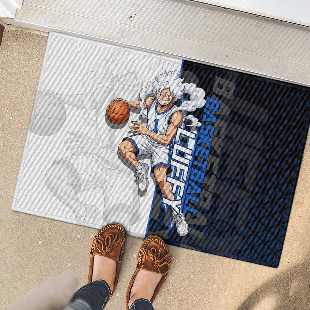 Luffy Gear 5 One Piece Basketball Theme White and Black Design Rubber Doormat with Straw Hat Emblem and Dynamic Action Pose - The Mazicc